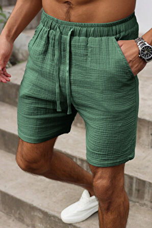 Ghassy Co. Erkek %100 Pamuk Muslin Keten Rahat Günlük Cepli Bağcıklı Tatil Şort