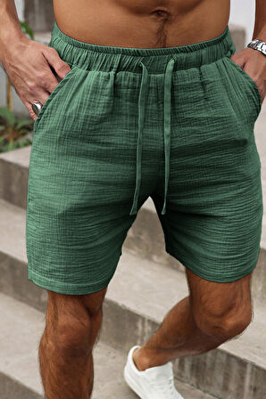 Ghassy Co. Erkek %100 Pamuk Muslin Keten Rahat Günlük Cepli Bağcıklı Tatil Şort