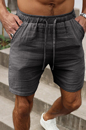 Ghassy Co. Erkek %100 Pamuk Muslin Keten Rahat Günlük Cepli Bağcıklı Tatil Şort