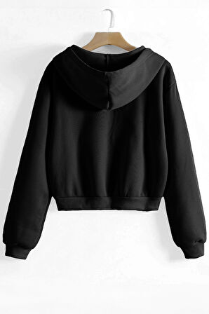 Ghassy Co. Kadın Pamuklu Crop Model Kanguru Cepli Sonbahar ve İlkbahar Kapüşonlu Crop Sweatshirt