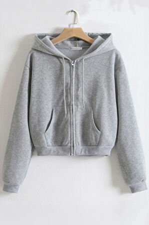 Ghassy Co. Kadın Pamuklu Crop Model Kanguru Cepli Sonbahar ve İlkbahar Kapüşonlu Crop Sweatshirt