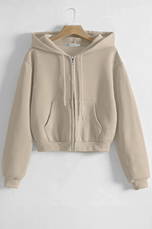 Ghassy Co. Kadın Pamuklu Crop Model Kanguru Cepli Sonbahar ve İlkbahar Kapüşonlu Crop Sweatshirt