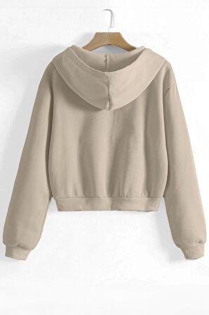 Ghassy Co. Kadın Pamuklu Crop Model Kanguru Cepli Sonbahar ve İlkbahar Kapüşonlu Crop Sweatshirt