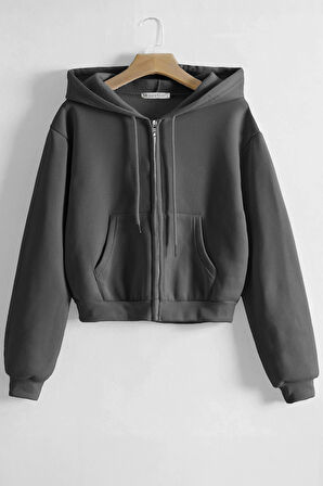 Ghassy Co. Kadın Pamuklu Crop Model Kanguru Cepli Sonbahar ve İlkbahar Kapüşonlu Crop Sweatshirt