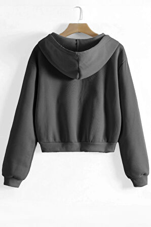 Ghassy Co. Kadın Pamuklu Crop Model Kanguru Cepli Sonbahar ve İlkbahar Kapüşonlu Crop Sweatshirt