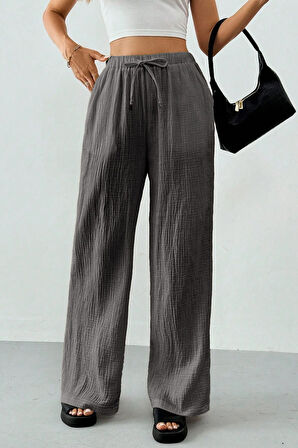 Ghassy Co. Kadın %100 Cotton Müslin Ultra Hafif Palazzo Model Geniş Paça Keten Karışım Pantolon