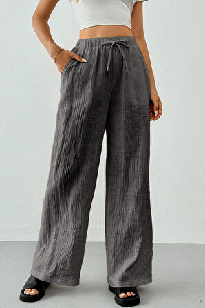 Ghassy Co. Kadın %100 Cotton Müslin Ultra Hafif Palazzo Model Geniş Paça Keten Karışım Pantolon