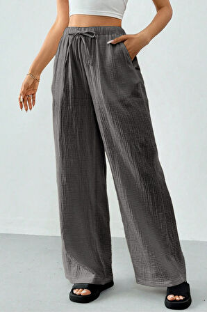 Ghassy Co. Kadın %100 Cotton Müslin Ultra Hafif Palazzo Model Geniş Paça Keten Karışım Pantolon