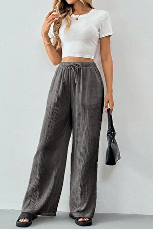 Ghassy Co. Kadın %100 Cotton Müslin Ultra Hafif Palazzo Model Geniş Paça Keten Karışım Pantolon