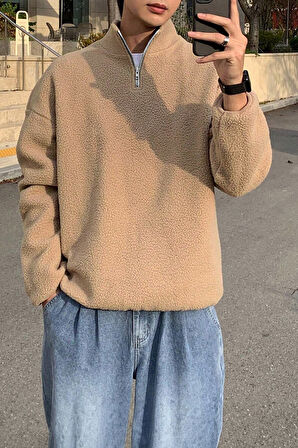 Ghassy Co. Erkek Ultra Isı Peluş Sherpa Oversize Yarım Metal Fermuar Lastik Ayarlı Polar Sweatshirt