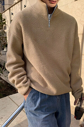 Ghassy Co. Erkek Ultra Isı Peluş Sherpa Oversize Yarım Metal Fermuar Lastik Ayarlı Polar Sweatshirt