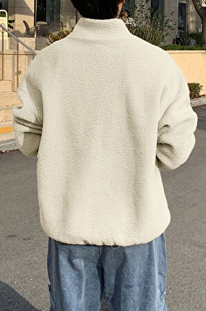 Ghassy Co. Erkek Ultra Isı Peluş Sherpa Oversize Yarım Metal Fermuar Lastik Ayarlı Polar Sweatshirt