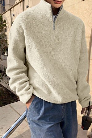 Ghassy Co. Erkek Ultra Isı Peluş Sherpa Oversize Yarım Metal Fermuar Lastik Ayarlı Polar Sweatshirt