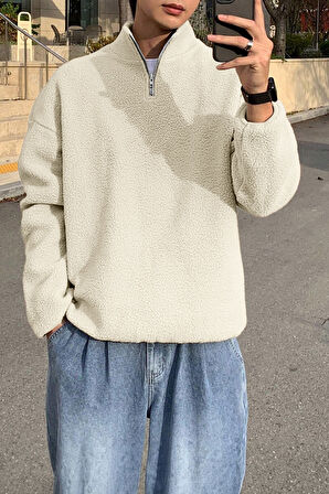 Ghassy Co. Erkek Ultra Isı Peluş Sherpa Oversize Yarım Metal Fermuar Lastik Ayarlı Polar Sweatshirt