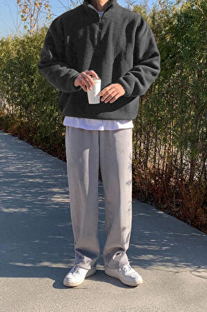 Ghassy Co. Erkek Ultra Isı Peluş Sherpa Oversize Yarım Metal Fermuar Lastik Ayarlı Polar Sweatshirt