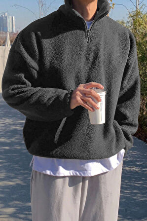 Ghassy Co. Erkek Ultra Isı Peluş Sherpa Oversize Yarım Metal Fermuar Lastik Ayarlı Polar Sweatshirt