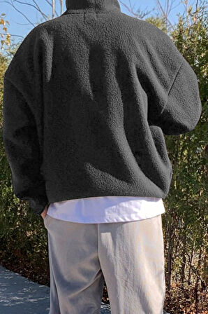 Ghassy Co. Erkek Ultra Isı Peluş Sherpa Oversize Yarım Metal Fermuar Lastik Ayarlı Polar Sweatshirt