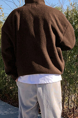 Ghassy Co. Erkek Ultra Isı Peluş Sherpa Oversize Yarım Metal Fermuar Lastik Ayarlı Polar Sweatshirt