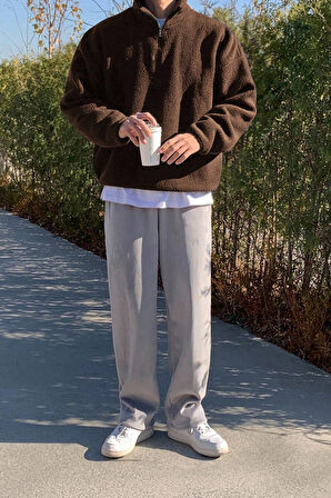 Ghassy Co. Erkek Ultra Isı Peluş Sherpa Oversize Yarım Metal Fermuar Lastik Ayarlı Polar Sweatshirt