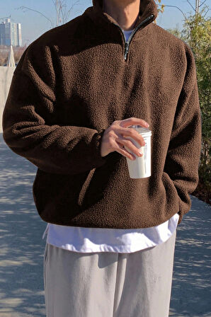 Ghassy Co. Erkek Ultra Isı Peluş Sherpa Oversize Yarım Metal Fermuar Lastik Ayarlı Polar Sweatshirt