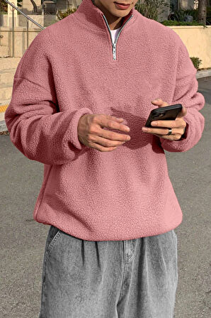 Ghassy Co. Erkek Ultra Isı Peluş Sherpa Oversize Yarım Metal Fermuar Lastik Ayarlı Polar Sweatshirt