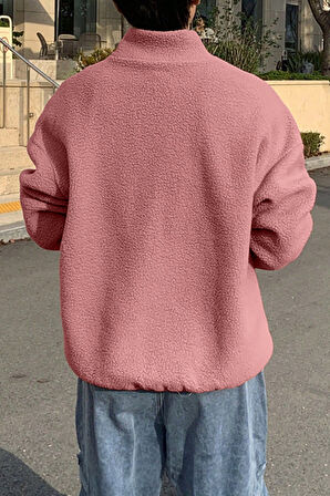 Ghassy Co. Erkek Ultra Isı Peluş Sherpa Oversize Yarım Metal Fermuar Lastik Ayarlı Polar Sweatshirt