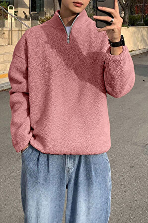 Ghassy Co. Erkek Ultra Isı Peluş Sherpa Oversize Yarım Metal Fermuar Lastik Ayarlı Polar Sweatshirt