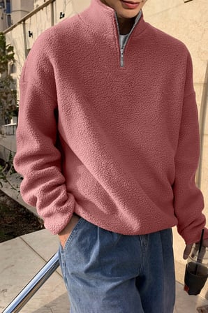 Ghassy Co. Erkek Ultra Isı Peluş Sherpa Oversize Yarım Metal Fermuar Lastik Ayarlı Polar Sweatshirt