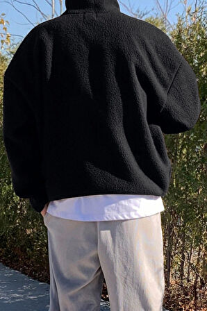 Ghassy Co. Erkek Ultra Isı Peluş Sherpa Oversize Yarım Metal Fermuar Lastik Ayarlı Polar Sweatshirt
