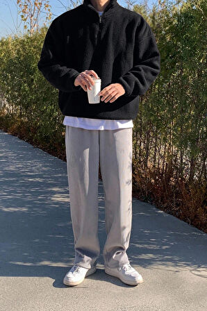 Ghassy Co. Erkek Ultra Isı Peluş Sherpa Oversize Yarım Metal Fermuar Lastik Ayarlı Polar Sweatshirt