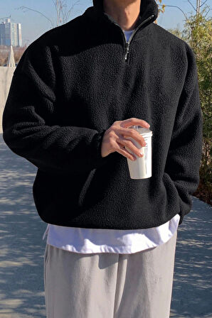 Ghassy Co. Erkek Ultra Isı Peluş Sherpa Oversize Yarım Metal Fermuar Lastik Ayarlı Polar Sweatshirt