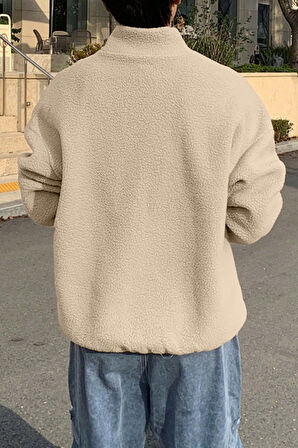 Ghassy Co. Erkek Ultra Isı Peluş Sherpa Oversize Yarım Metal Fermuar Lastik Ayarlı Polar Sweatshirt