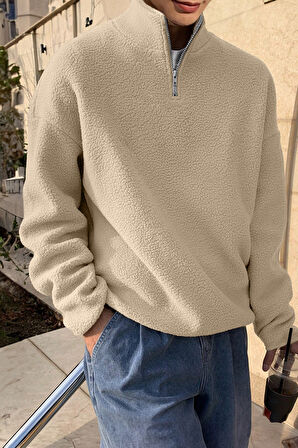 Ghassy Co. Erkek Ultra Isı Peluş Sherpa Oversize Yarım Metal Fermuar Lastik Ayarlı Polar Sweatshirt