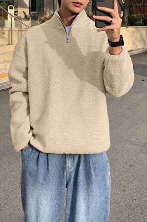 Ghassy Co. Erkek Ultra Isı Peluş Sherpa Oversize Yarım Metal Fermuar Lastik Ayarlı Polar Sweatshirt