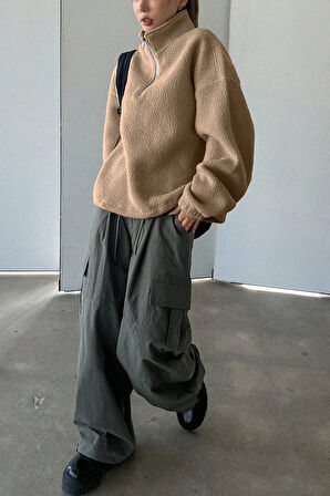 Ghassy Co. Kadın Ultra Isı Peluş Sherpa Oversize Yarım Metal Fermuar Lastik Ayarlı Polar Sweatshirt
