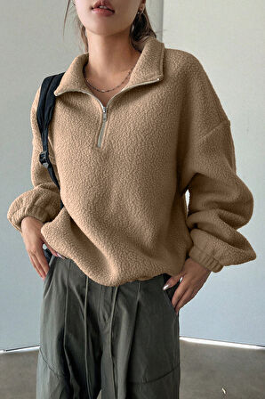 Ghassy Co. Kadın Ultra Isı Peluş Sherpa Oversize Yarım Metal Fermuar Lastik Ayarlı Polar Sweatshirt