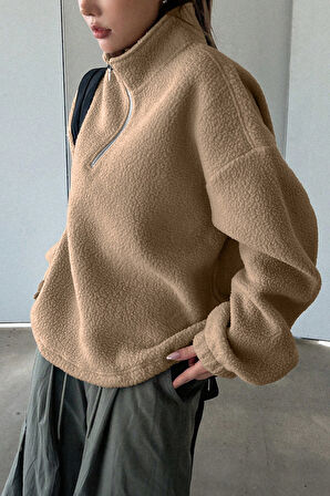 Ghassy Co. Kadın Ultra Isı Peluş Sherpa Oversize Yarım Metal Fermuar Lastik Ayarlı Polar Sweatshirt
