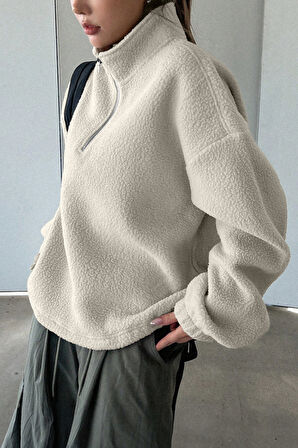 Ghassy Co. Kadın Ultra Isı Peluş Sherpa Oversize Yarım Metal Fermuar Lastik Ayarlı Polar Sweatshirt