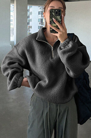 Ghassy Co. Kadın Ultra Isı Peluş Sherpa Oversize Yarım Metal Fermuar Lastik Ayarlı Polar Sweatshirt