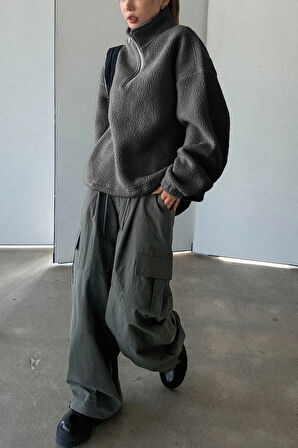 Ghassy Co. Kadın Ultra Isı Peluş Sherpa Oversize Yarım Metal Fermuar Lastik Ayarlı Polar Sweatshirt