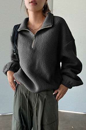 Ghassy Co. Kadın Ultra Isı Peluş Sherpa Oversize Yarım Metal Fermuar Lastik Ayarlı Polar Sweatshirt