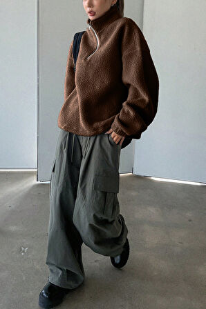 Ghassy Co. Kadın Ultra Isı Peluş Sherpa Oversize Yarım Metal Fermuar Lastik Ayarlı Polar Sweatshirt