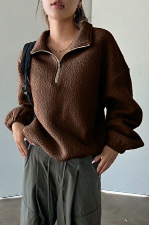 Ghassy Co. Kadın Ultra Isı Peluş Sherpa Oversize Yarım Metal Fermuar Lastik Ayarlı Polar Sweatshirt
