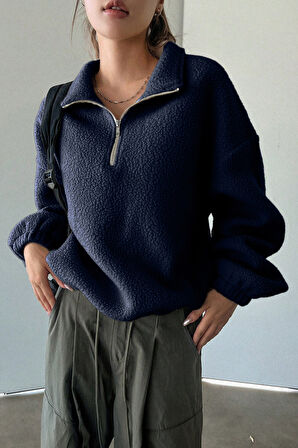 Ghassy Co. Kadın Ultra Isı Peluş Sherpa Oversize Yarım Metal Fermuar Lastik Ayarlı Polar Sweatshirt