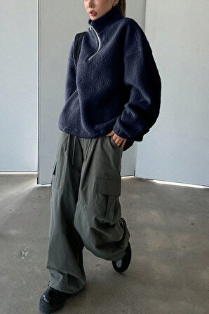 Ghassy Co. Kadın Ultra Isı Peluş Sherpa Oversize Yarım Metal Fermuar Lastik Ayarlı Polar Sweatshirt