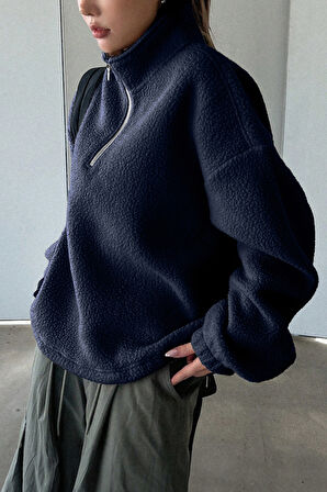 Ghassy Co. Kadın Ultra Isı Peluş Sherpa Oversize Yarım Metal Fermuar Lastik Ayarlı Polar Sweatshirt