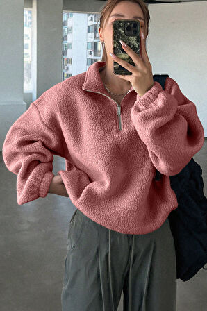 Ghassy Co. Kadın Ultra Isı Peluş Sherpa Oversize Yarım Metal Fermuar Lastik Ayarlı Polar Sweatshirt