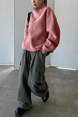 Ghassy Co. Kadın Ultra Isı Peluş Sherpa Oversize Yarım Metal Fermuar Lastik Ayarlı Polar Sweatshirt
