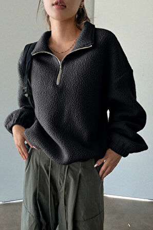 Ghassy Co. Kadın Ultra Isı Peluş Sherpa Oversize Yarım Metal Fermuar Lastik Ayarlı Polar Sweatshirt