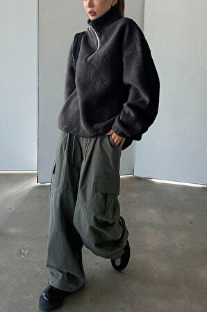 Ghassy Co. Kadın Ultra Isı Peluş Sherpa Oversize Yarım Metal Fermuar Lastik Ayarlı Polar Sweatshirt